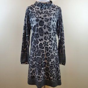 Gray Animal Print Turtleneck Midi Sweater Dress